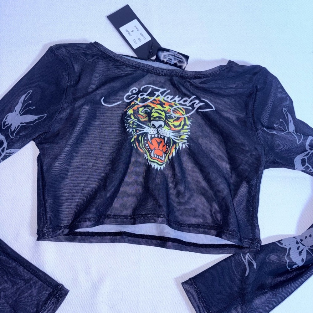 Ed Hardy Mesh Set Small Black New Tiger Snake Spiderweb Rhinestone Y2K Crop Maxi - Picture 7 of 8